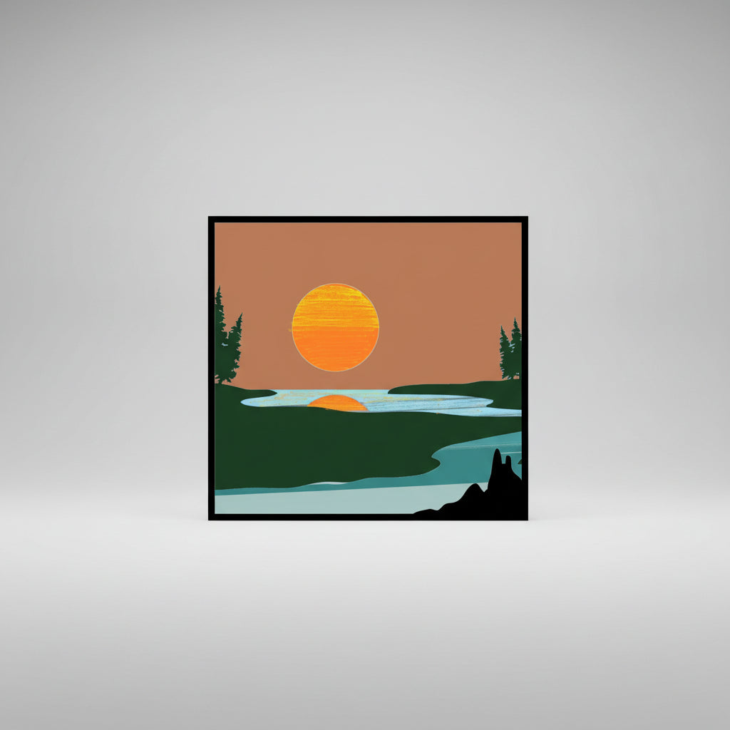 Simplified illustration of a sunset over a lake with trees and a silhouette of a person.