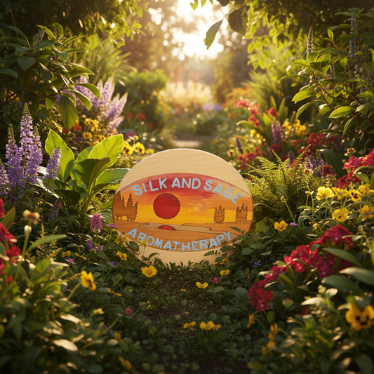 Decorative sign for a studio and massage with sunset design and text.