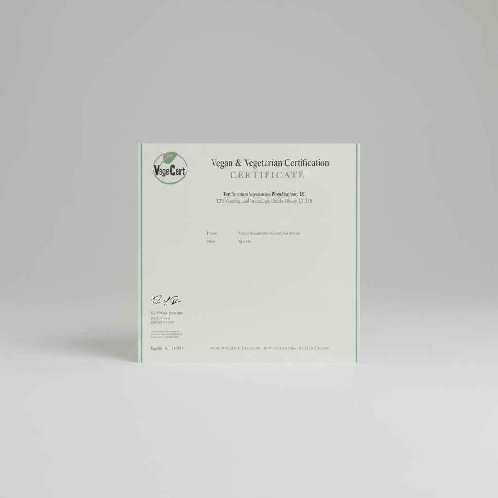 VegeCert Vegan & Vegetarian Certification letter on a light gray background