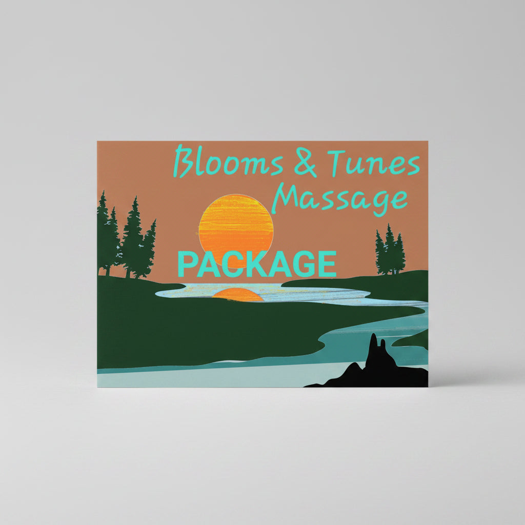 Advertisement for 'Blooms & Tunes Massage Package' with a scenic design featuring trees, a sunset, and a lake.